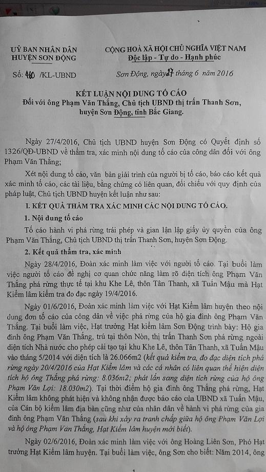Kết luận của Chủ tịch UBND huyện Sơn Động yêu cầu phải xem xét truy cứu trách nhiệm hình sự với gia đình ông Phạm Văn Thắng.