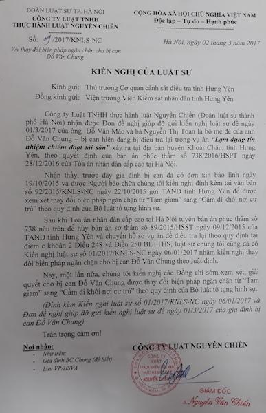 Với tư cách là ĐBQH khóa XIV, Chủ nhiệm Đoàn luật sư TP Hà Nội, Luật sư Nguyễn Văn Chiến vừa đại diện Công ty Luật TNHH Thực hành luật Nguyễn Chiến ký công văn gửi VKSND tỉnh Hưng Yên và cơ quan CSĐT Công an tỉnh Hưng Yên.